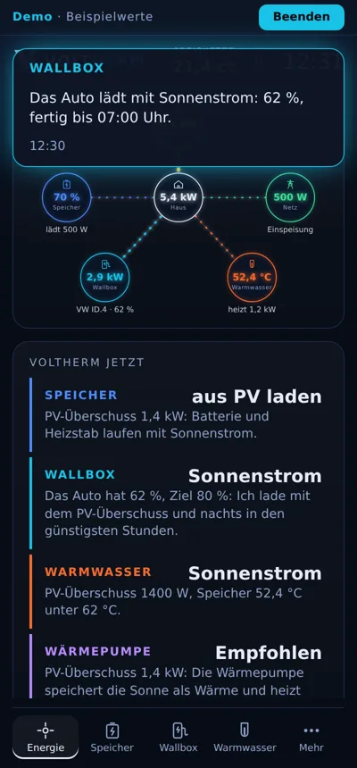 VOLTHERM App: Energiefluss zwischen Dach, Speicher, Wallbox, Warmwasser und Netz